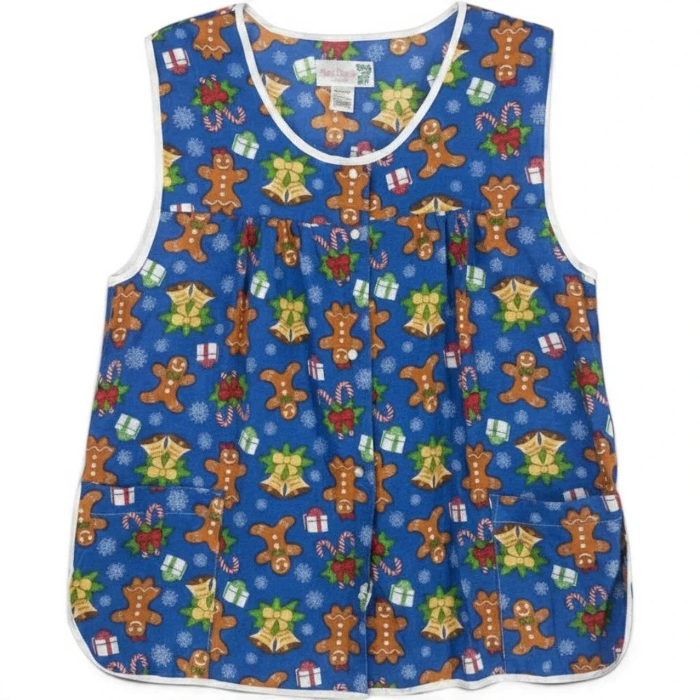 Christmas Gingerbread Man Snap Front Cobbler Smock Apron Kitchen Vest Blue Large
